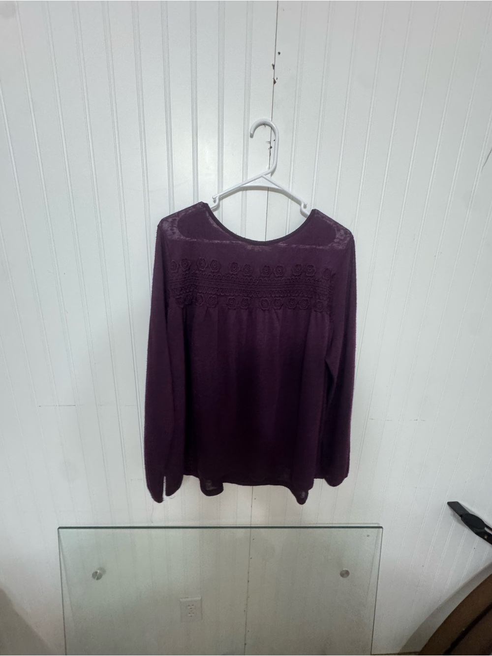 living doll Long-Sleeve Lace Yoke Top in Plum